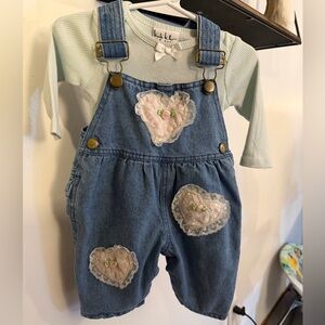 Vintage Hopscotch Baby Girl Denim Overall Set Lace Heart 0-6M Cottagecore